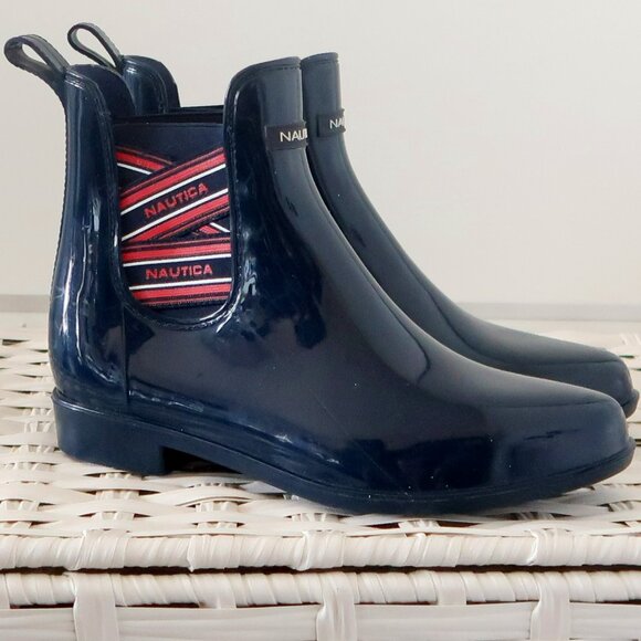 Nautica Navy Rubber Chelsea Rain Boots Waterproof Pull-On Logo Ankle Booties 8 - Picture 6 of 16